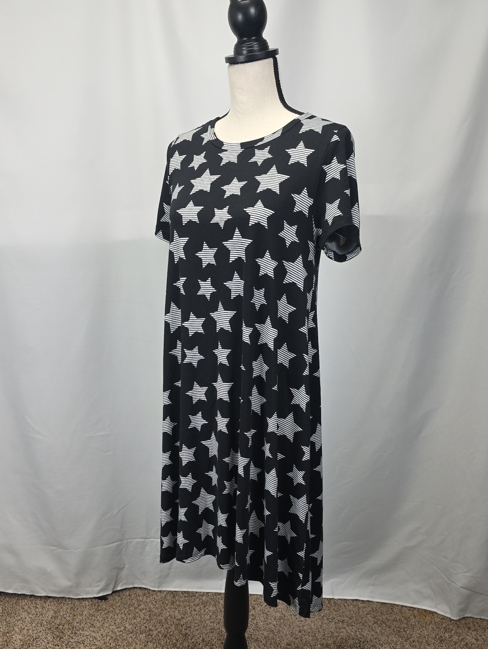 LuLaRoe Black Dress with White Star Pattern - Midi Swing Size Small